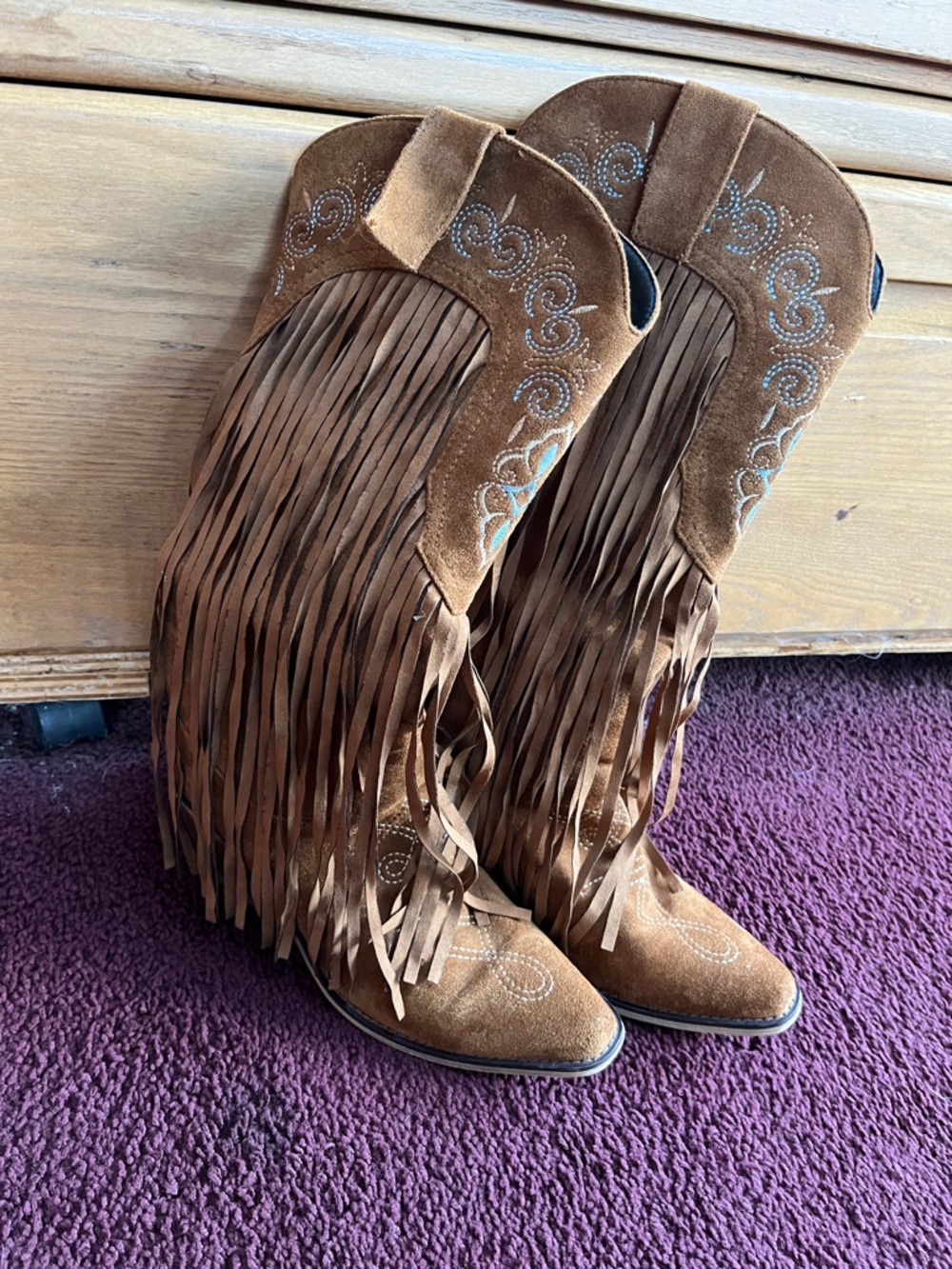 Faux Suede Fringed brown Western Heeled Boots